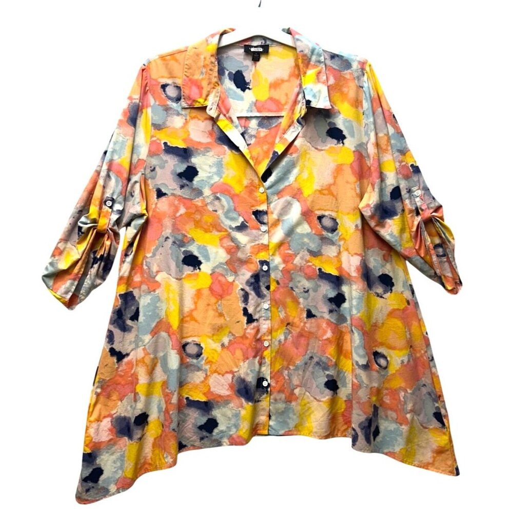 Women's  2XL Blouse Molly & Isadora Button-Up 3/4 Sleeve Handkerchief Hem colors